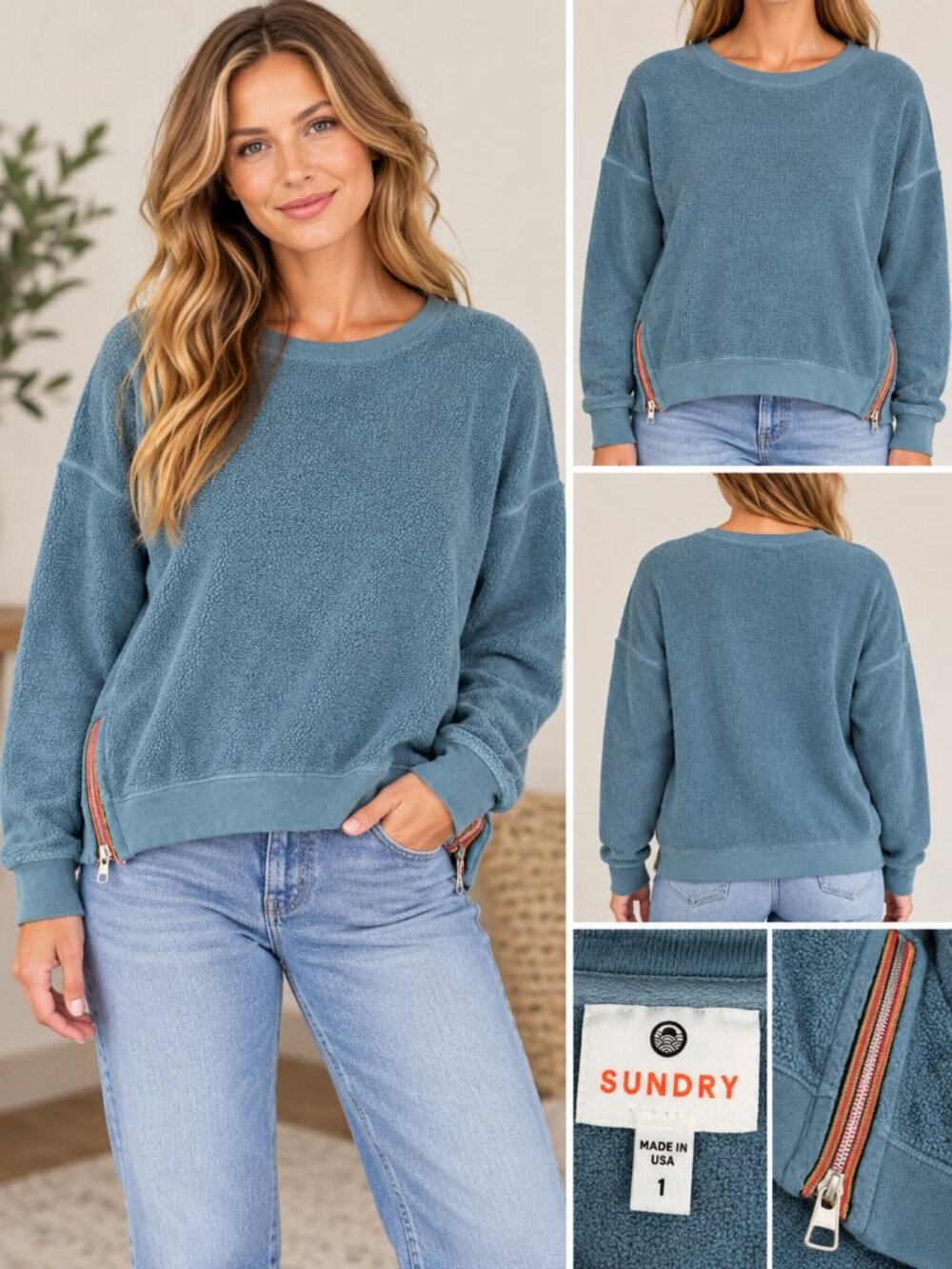 Sundry Blue Fleece Pullover Side Zip Sweatshirt Size 1 Small